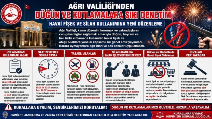 Ağrı Valiliği’nden Düğün ve Kutlamalara Sıkı Denetim: Havai Fişek ve Silah Kullanımına Yeni Düzenleme